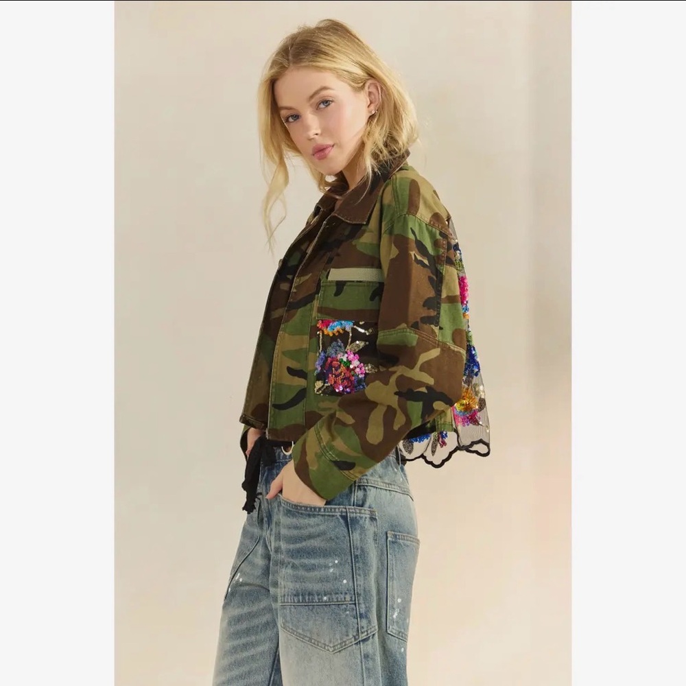 Camo denim cotton sequin Jean floral flower mineral bohemian wash coat jacket - Picture 8 of 9